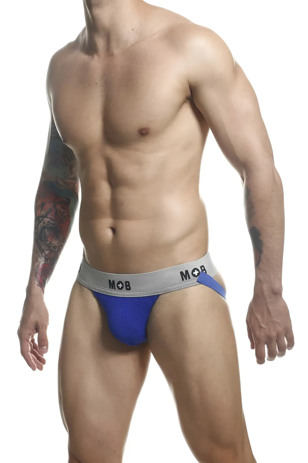 Malebasics mbl107 mob classic fetish jockstrap in royal blue and gray with a snug fit and 3 inches waistband