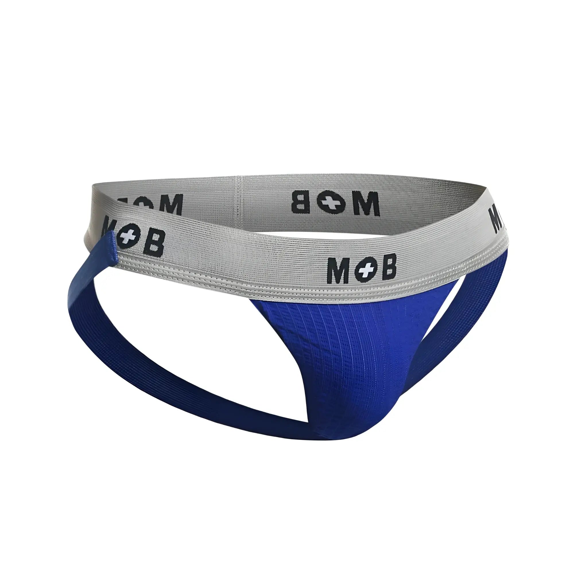 Blue and gray textured athletic briefs with mob logo on waistband malebasics MBL107 classic fetish jockstrap royal color