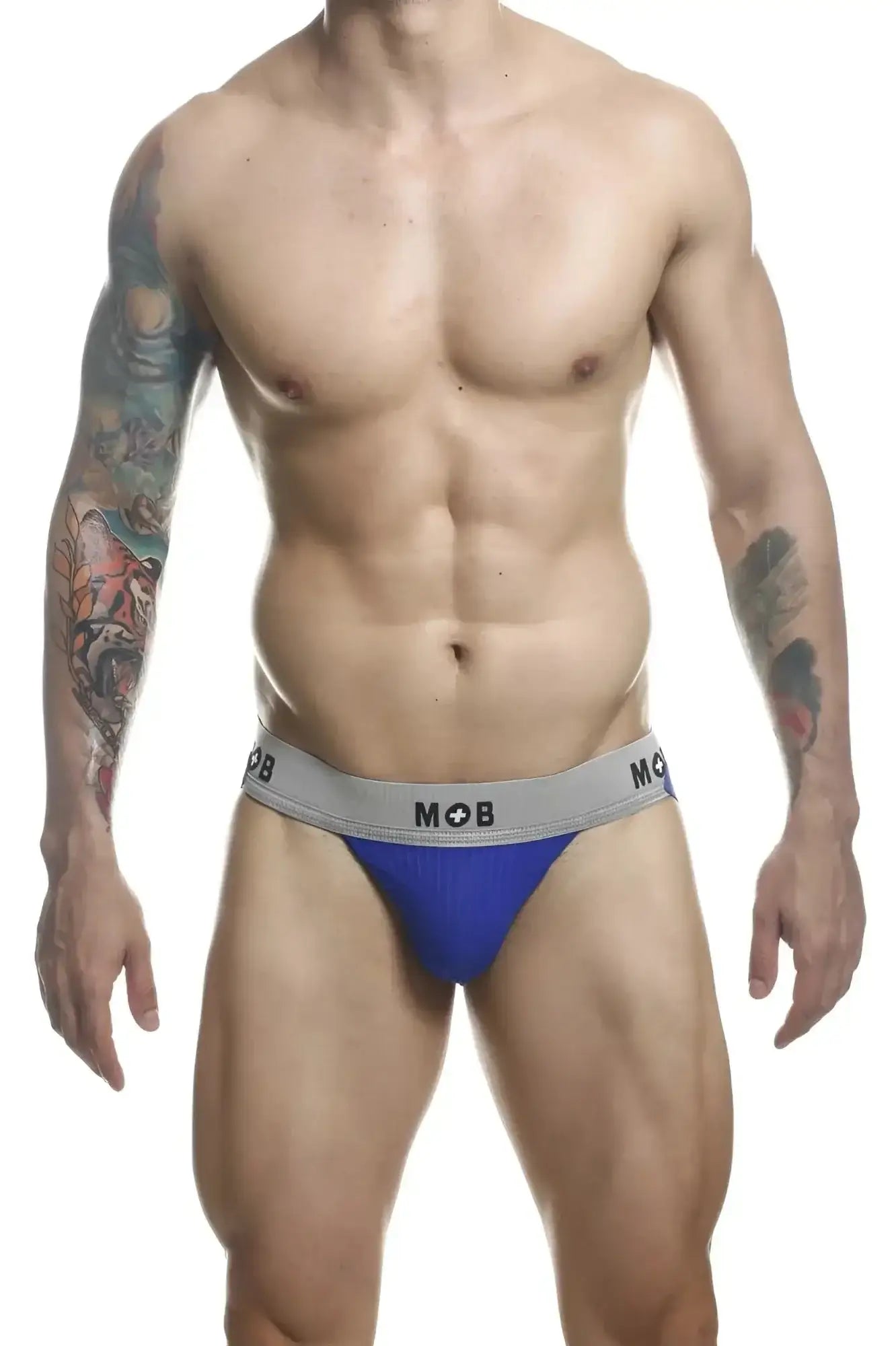 Malebasics mbl107 mob classic fetish jockstrap in blue and gray with a snug fit and 3 inch straps royal color