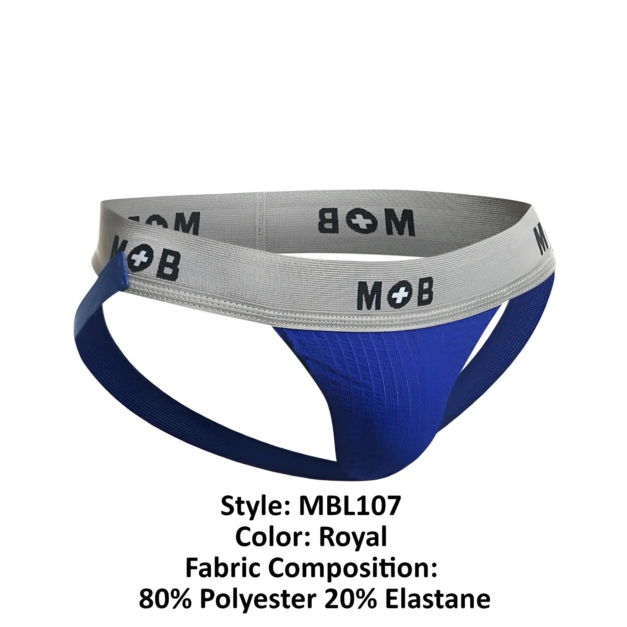 MaleBasics MBL107 royal blue athletic brief with gray waistband and black mob branding for classic fetish jock use