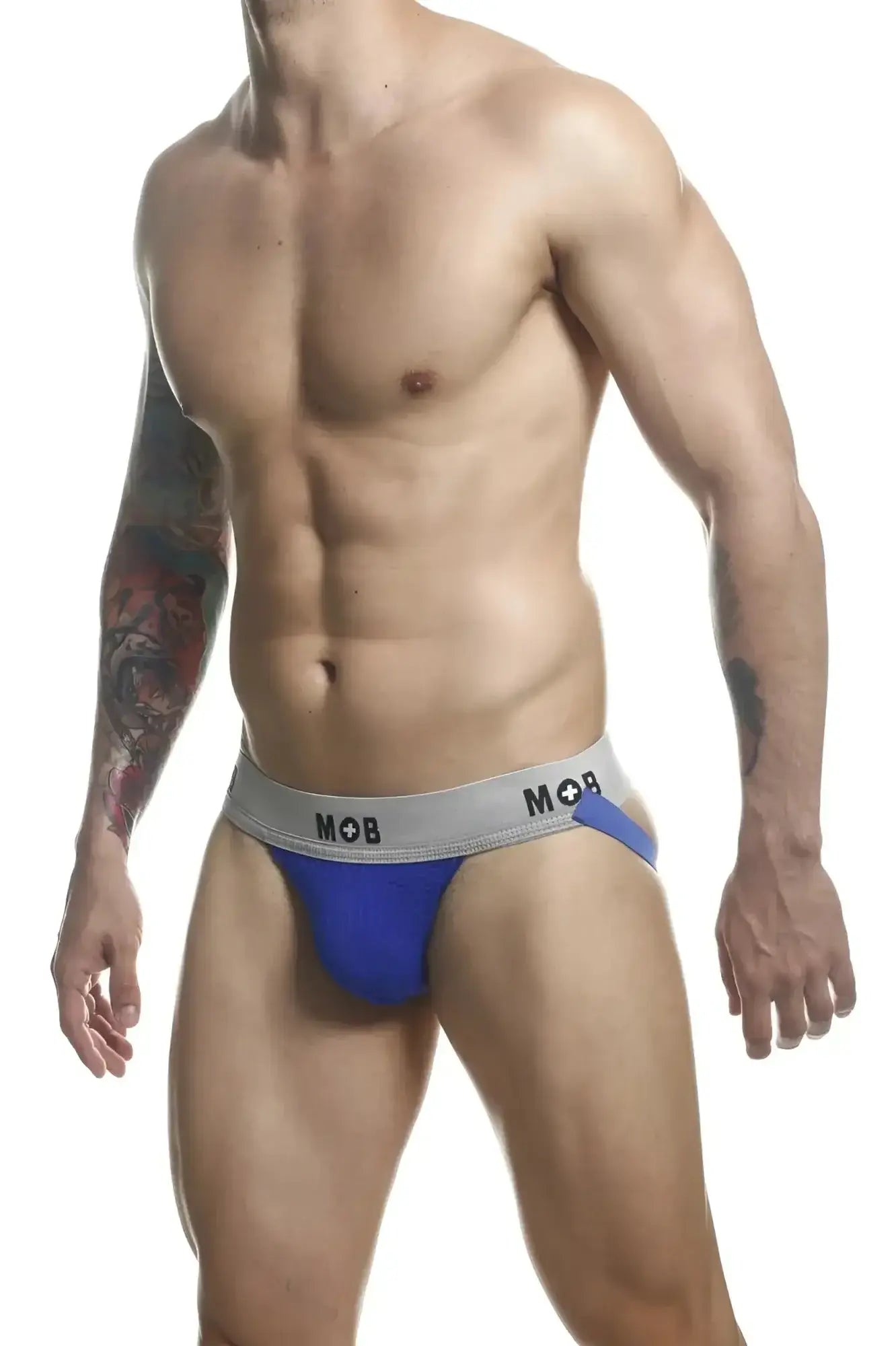 Malebasics mbl107 mob classic fetish jockstrap in royal blue and gray with a snug fit and 3 inches waistband