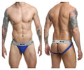 Malebasics mbl107 mob classic fetish jockstrap in royal blue and gray with a snug fit design front view