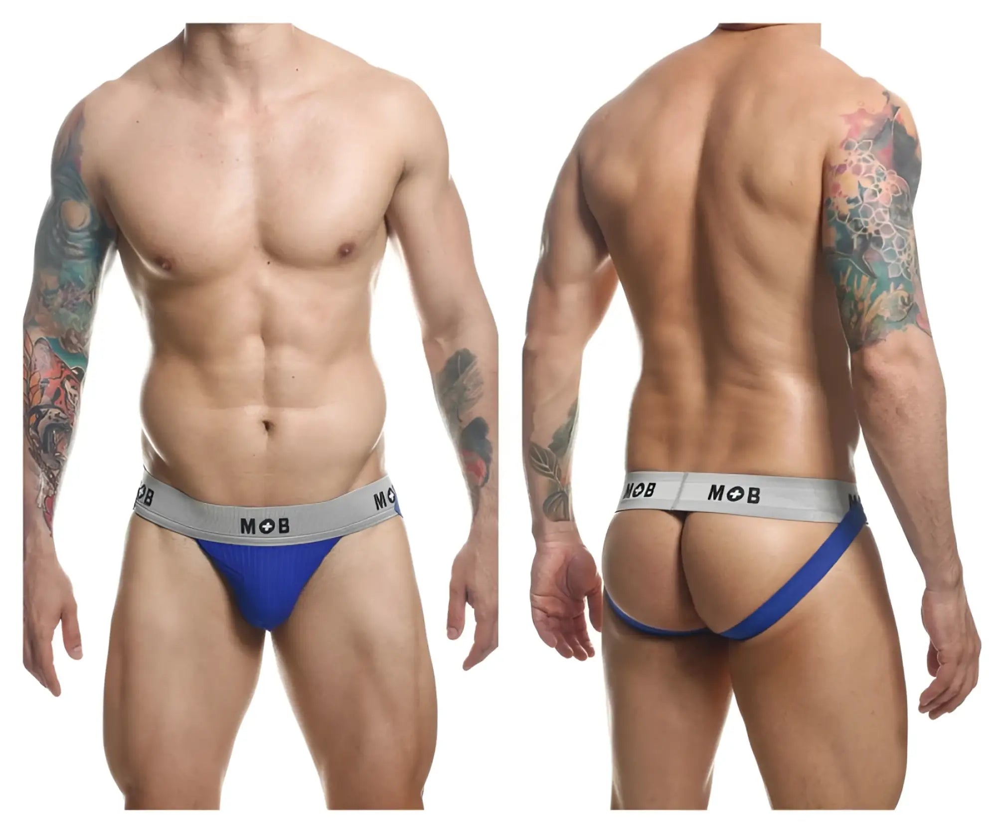Malebasics mbl107 mob classic fetish jockstrap in royal blue and gray with a snug fit design front view