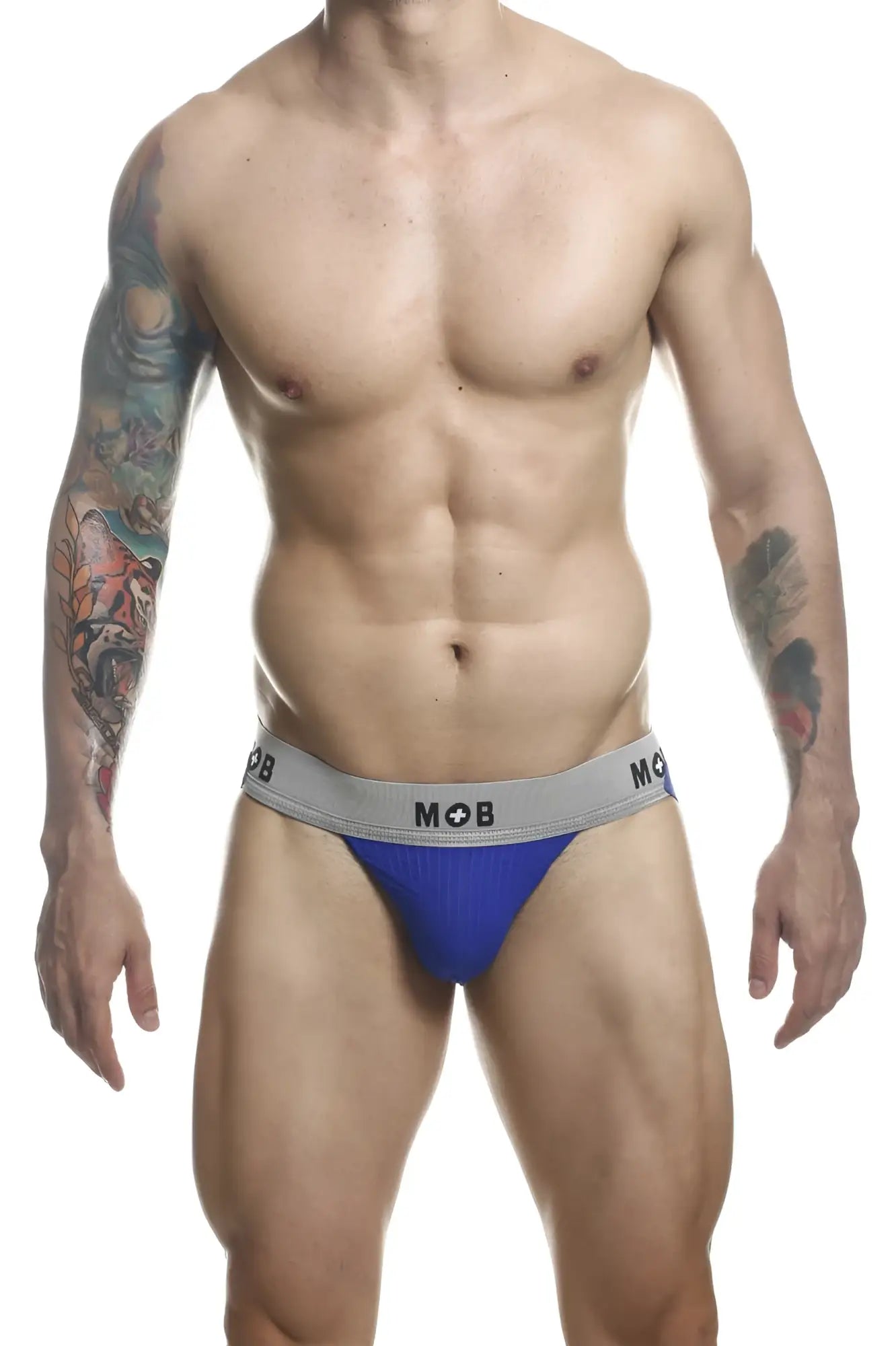Malebasics mbl107 mob classic fetish jockstrap in blue and gray with a snug fit and 3 inch straps royal color
