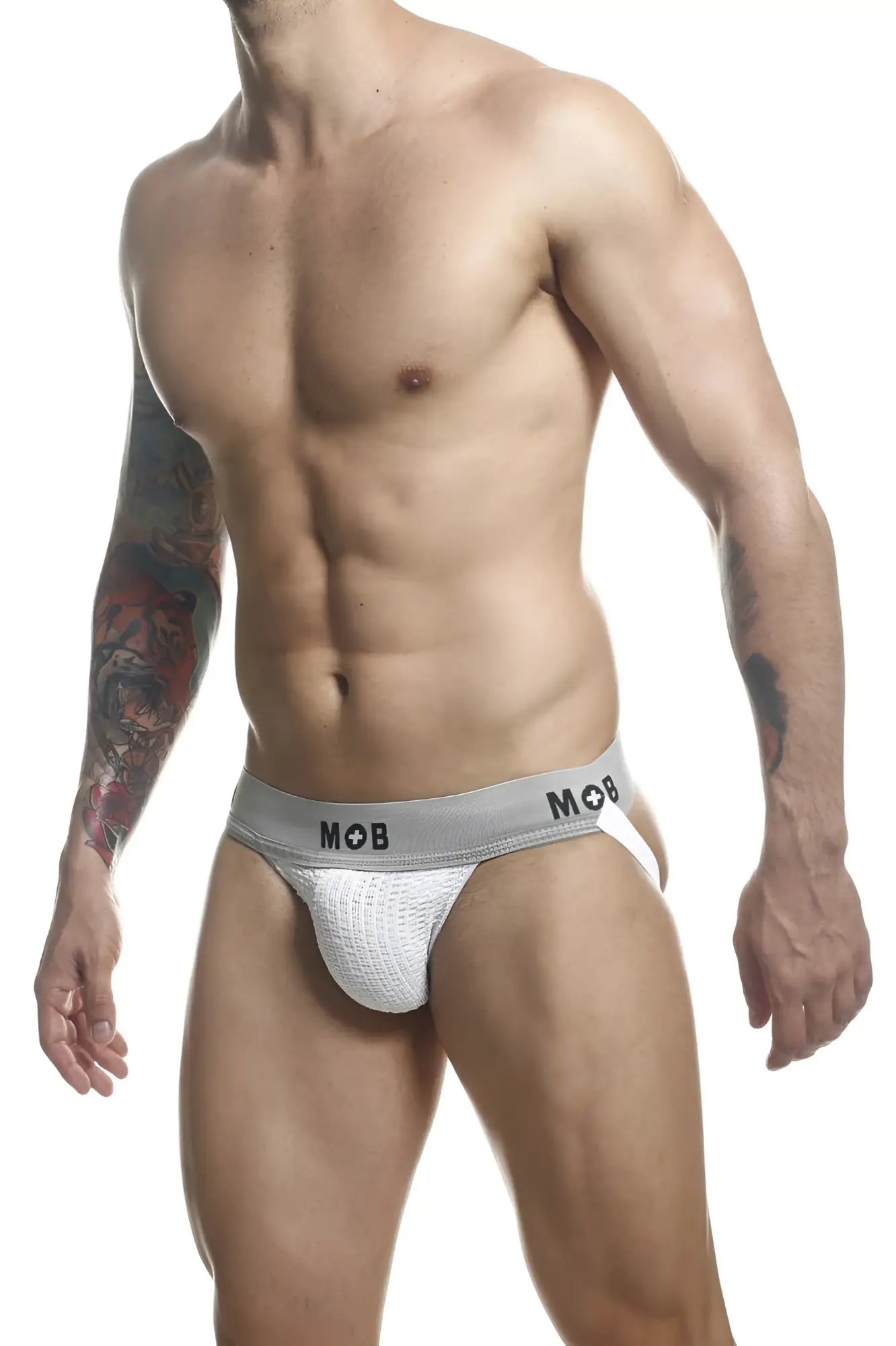 Malebasics mbl107 mob classic fetish jockstrap in white textured mesh with gray mob branded waistband