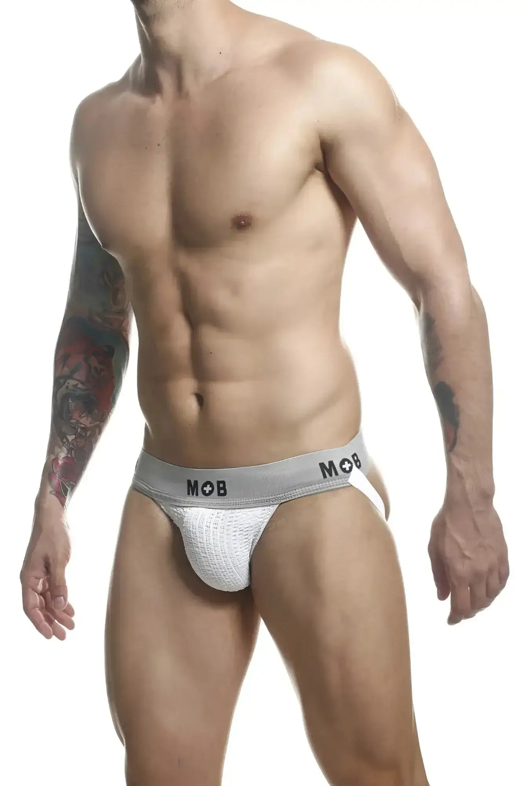 Malebasics mbl107 mob classic fetish jockstrap in white textured mesh with gray mob branded waistband