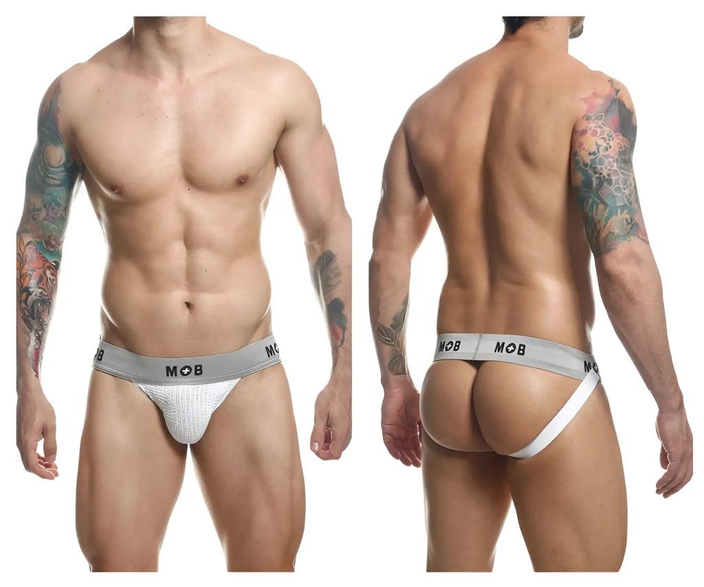 White textured briefs with gray mob branded waistband from malebasics mbl107 classic fetish jockstrap
