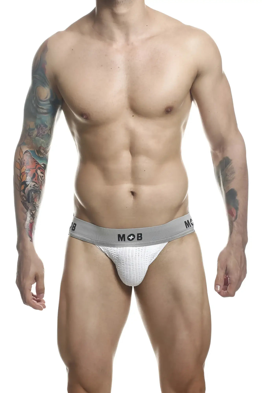 White textured briefs with gray waistband featuring mob logo from malebasics mbl107 mob classic fetish jockstrap