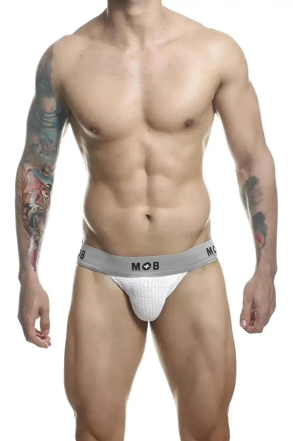 White textured briefs with gray waistband featuring mob logo from malebasics mbl107 mob classic fetish jockstrap