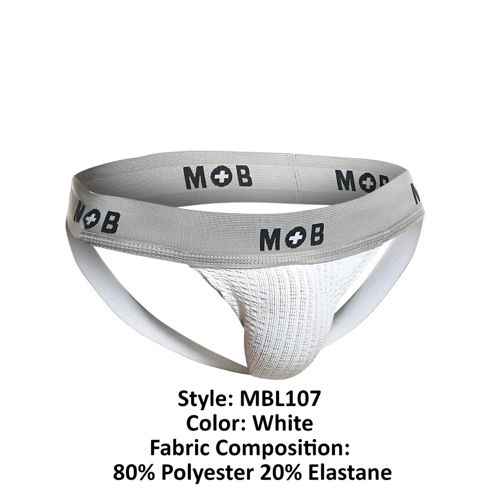 White malebasics mbl107 mob classic fetish jockstrap with gray elastic waistband and black mob logo