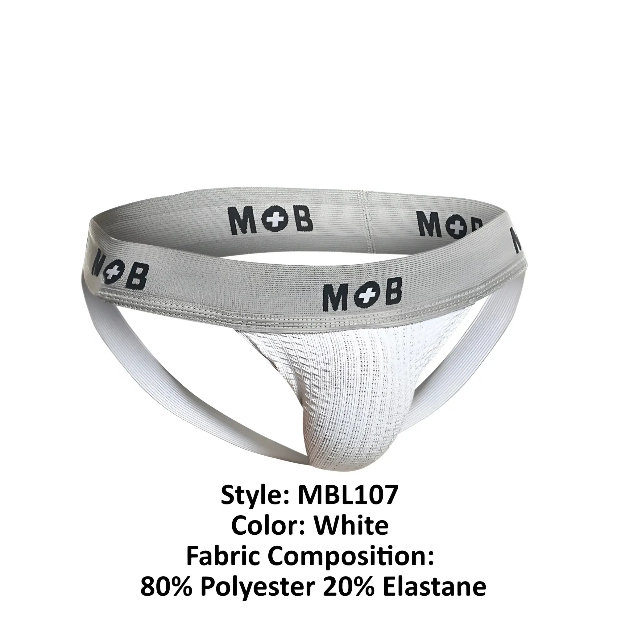 White malebasics mbl107 mob classic fetish jockstrap with gray elastic waistband and black mob logo