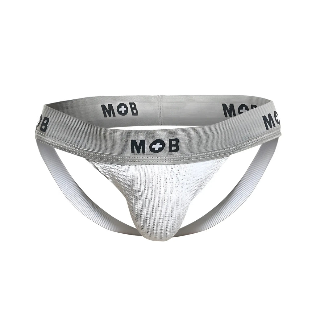 Malebasics mbl107 mob classic fetish jockstrap in white with gray and white mob brand athletic briefs and textured front panel