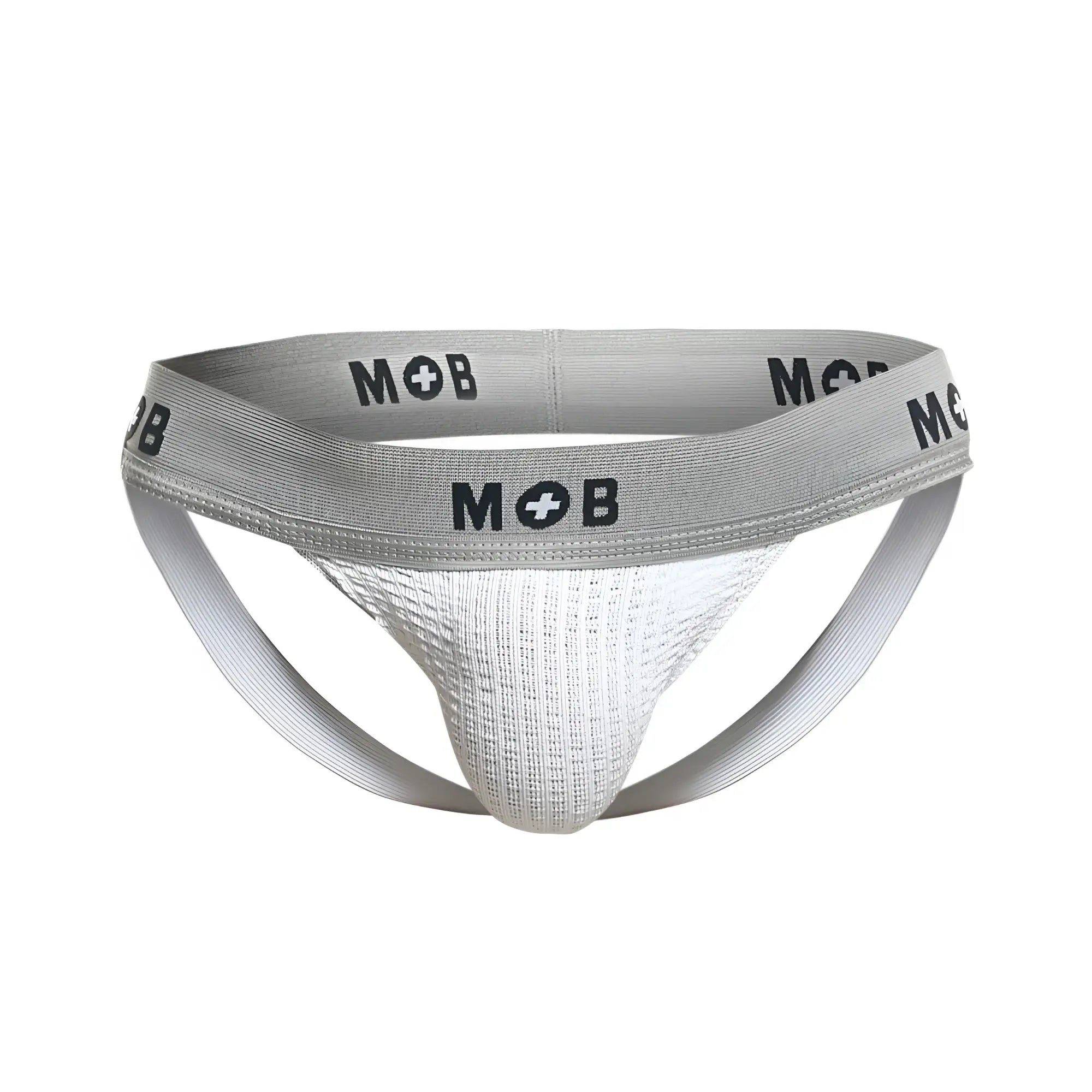 Malebasics mbl107 mob classic fetish jockstrap in white with gray and white mob brand athletic briefs and textured front panel