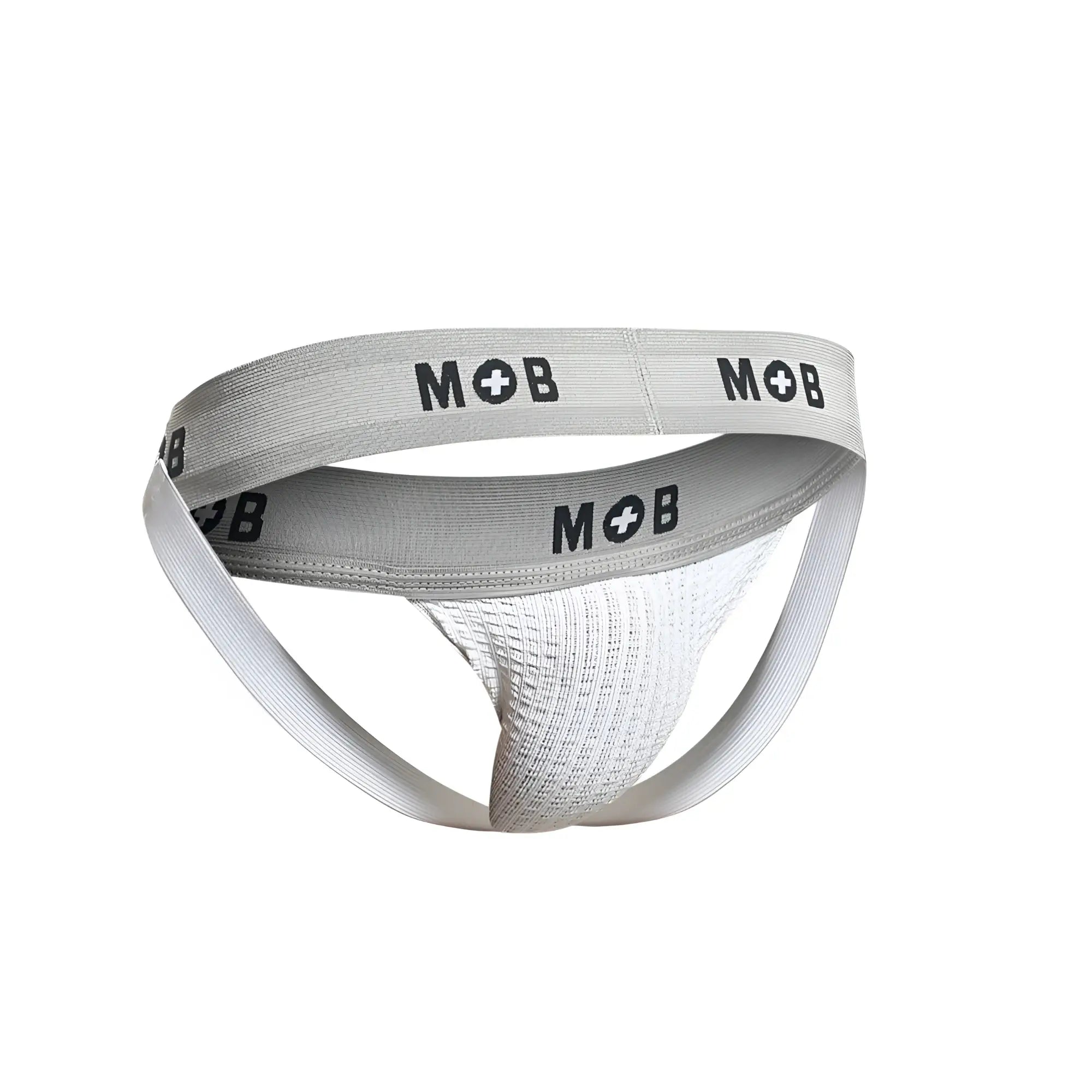 Malebasics mbl107 mob classic fetish jockstrap in white with gray mob brand athletic briefs textured white interior elastic waistband
