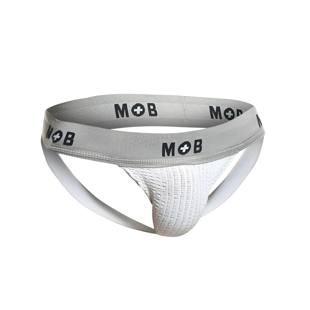 Malebasics mbl107 mob classic fetish jockstrap in white with gray mob brand briefs and textured white mesh front