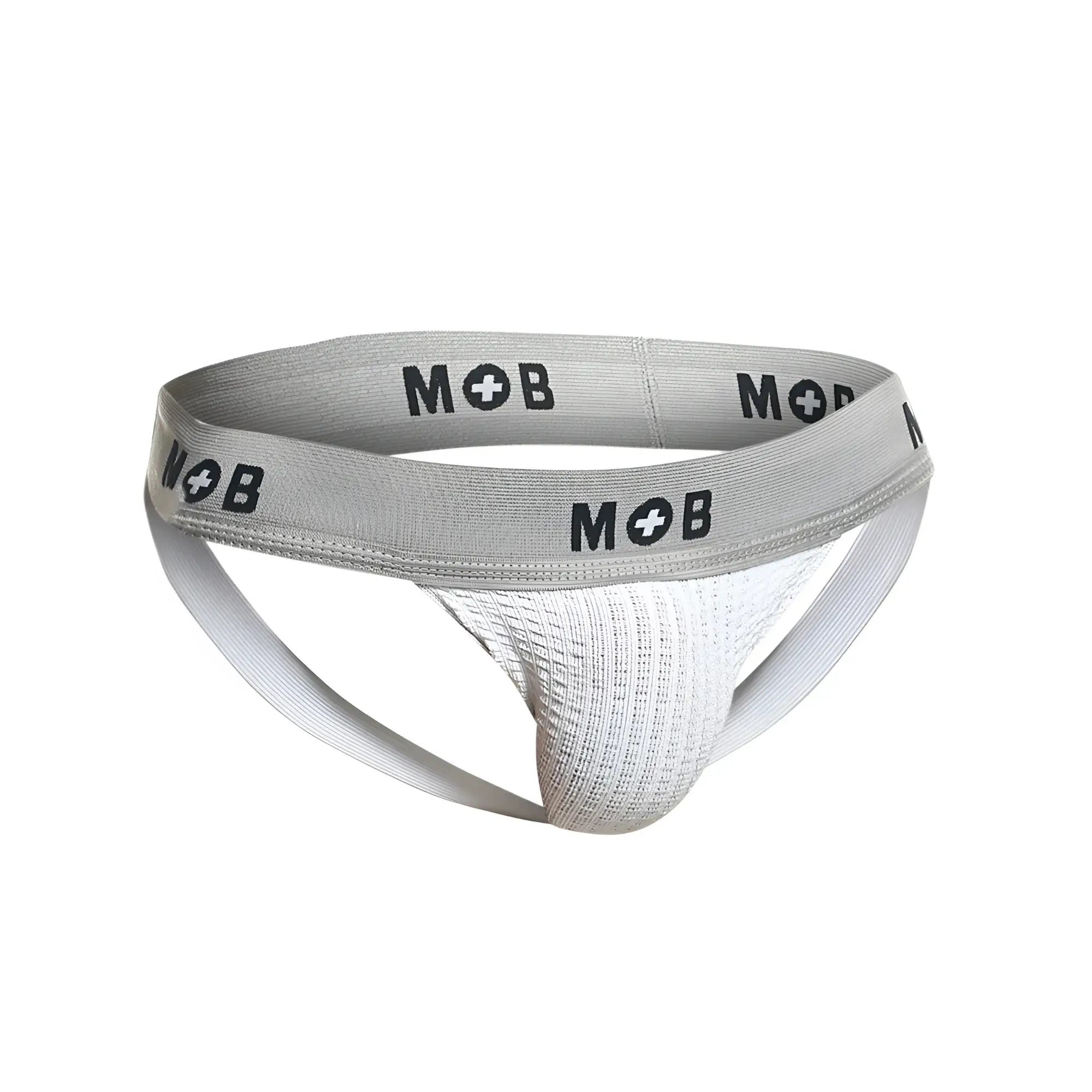Malebasics mbl107 mob classic fetish jockstrap in white with gray mob brand briefs and textured white mesh front