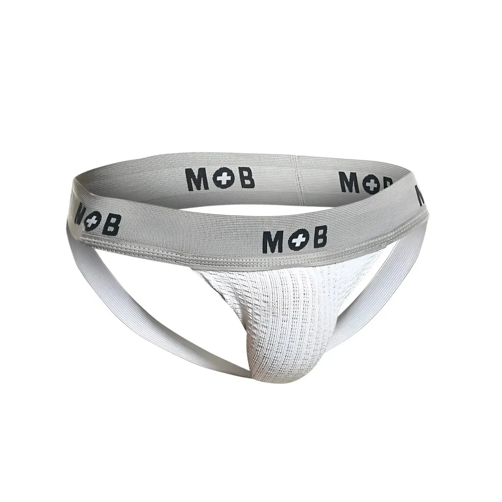 Malebasics mbl107 mob classic fetish jockstrap in white with gray mob brand briefs and textured white mesh front