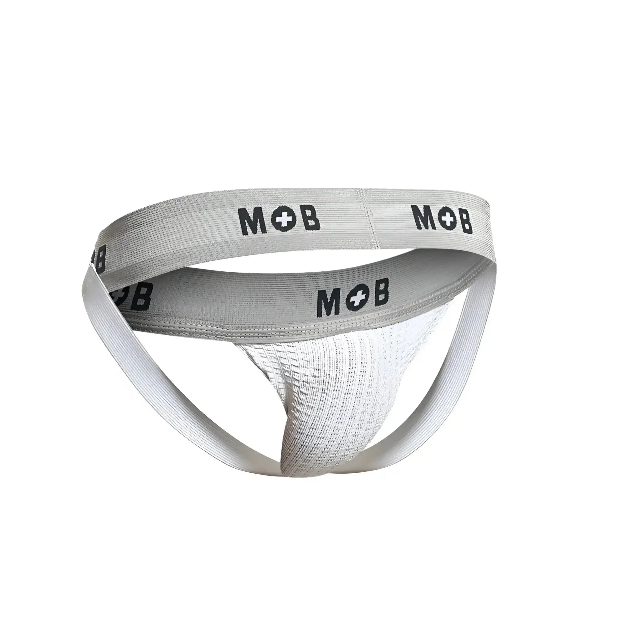Malebasics mbl107 mob classic fetish jockstrap in white with gray mob brand athletic briefs.