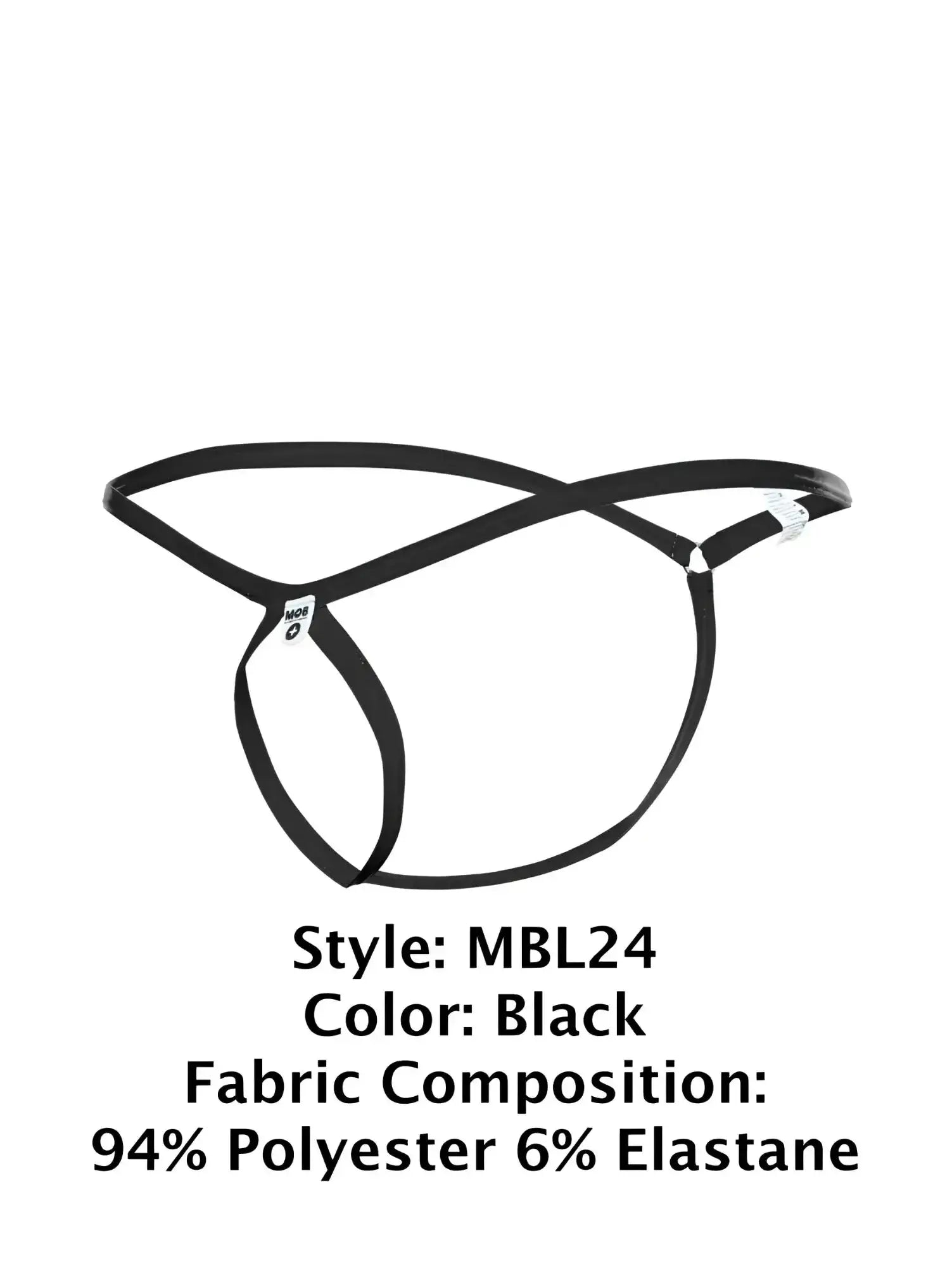 Black malebasics mbl24 tear drop thong with crisscross design and adjustable straps made of polyester and elastane