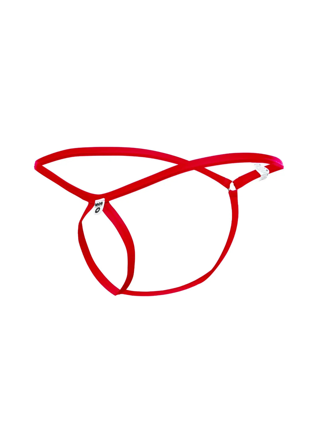 Red malebasics mbl24 tear drop thong with crisscross design and white plastic buckle front view