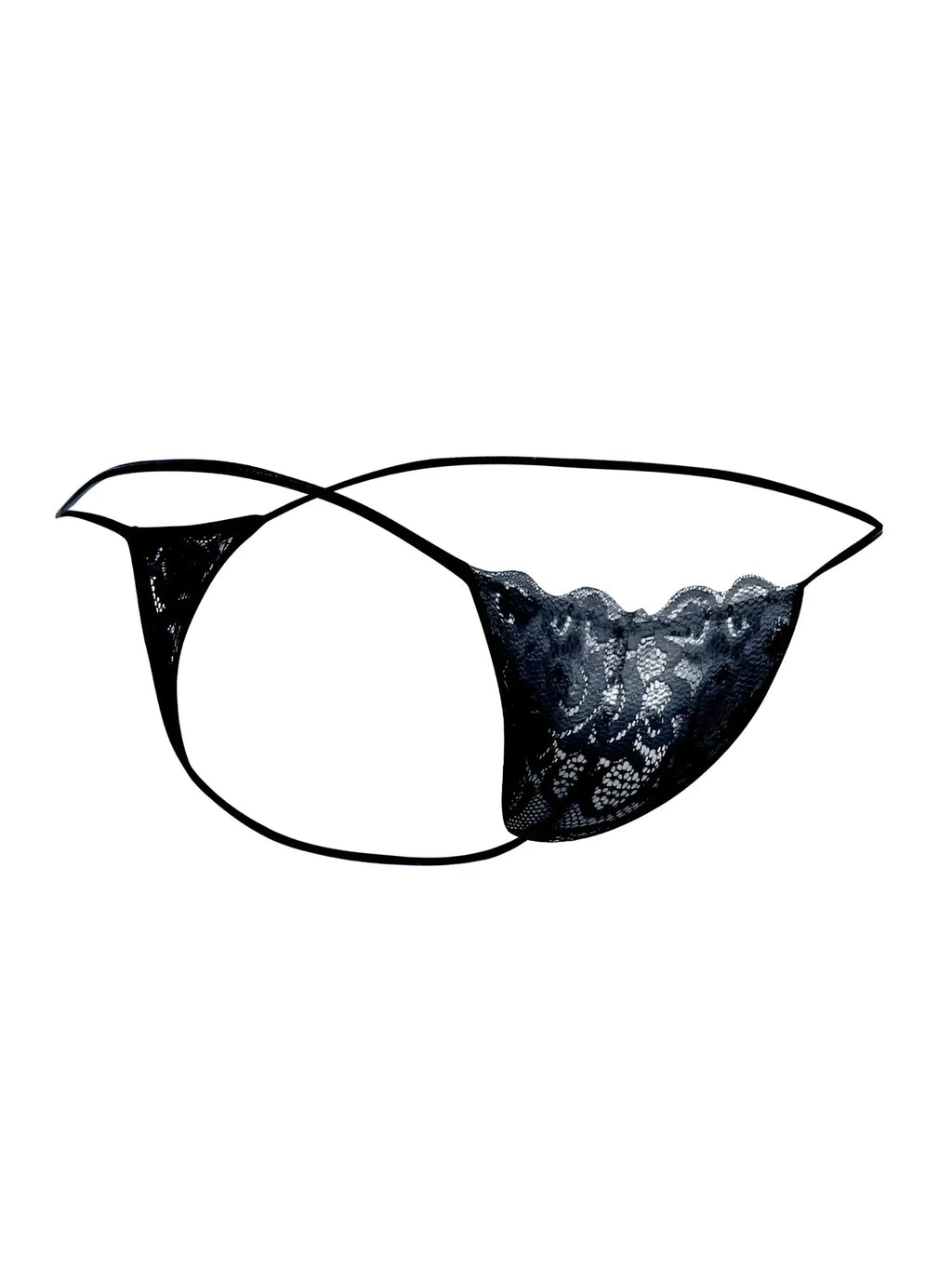 Malebasics mbl27 black lace thong with delicate floral patterns and thin adjustable elastic straps shown from the back