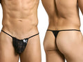 Malebasics mbl27 black lace thong with thin elastic straps and small white front tag for men