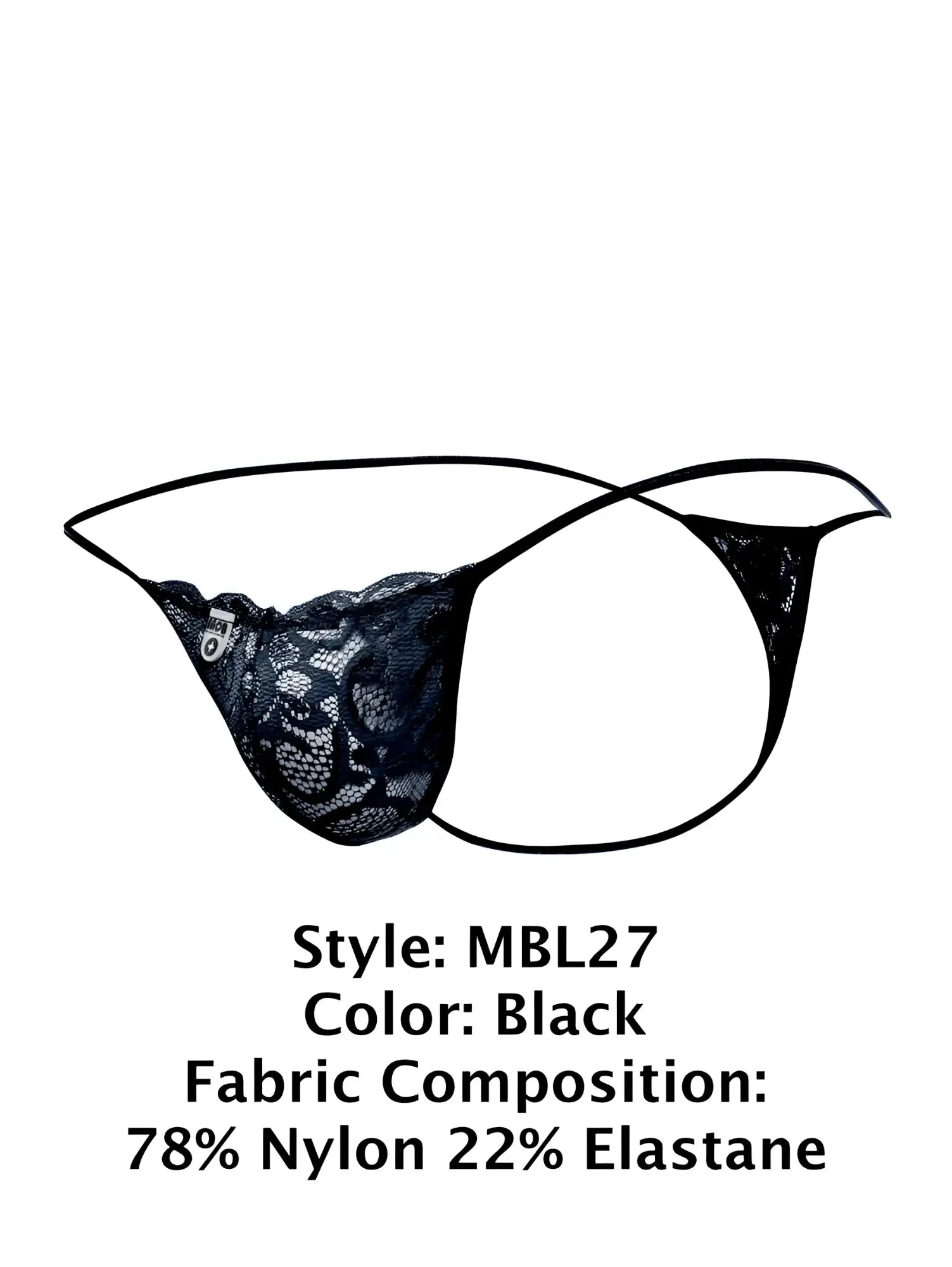 Malebasics mbl27 black lace thong with thin elastic straps and delicate floral pattern shown from the back side