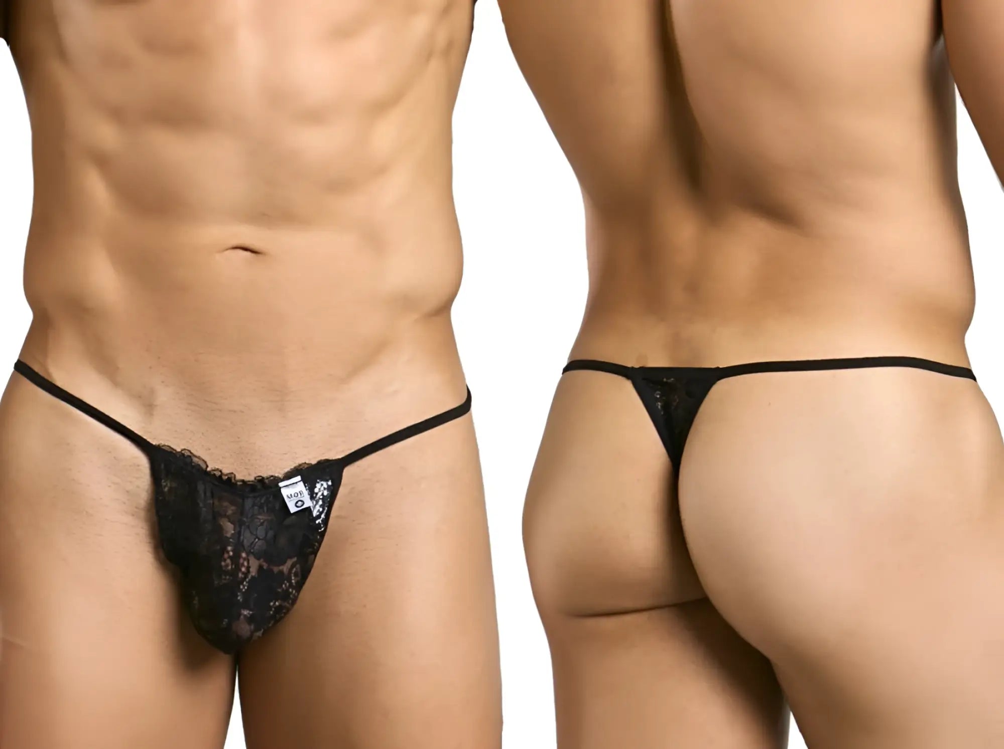 Malebasics mbl27 black lace thong with thin elastic straps and small white front tag for men