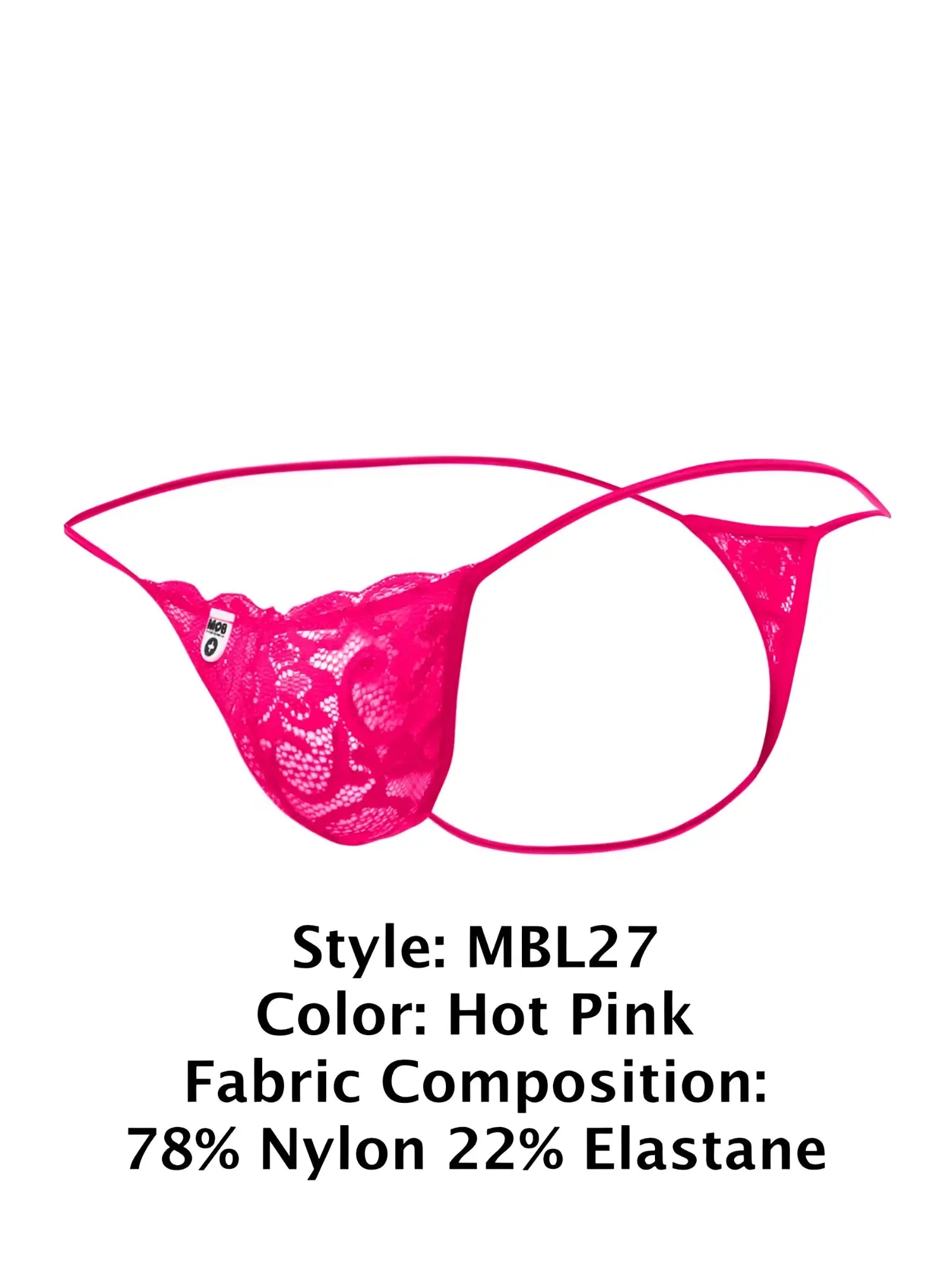 Malebasics mbl27 hot pink lace thong with thin elastic straps and sheer patterned fabric front view