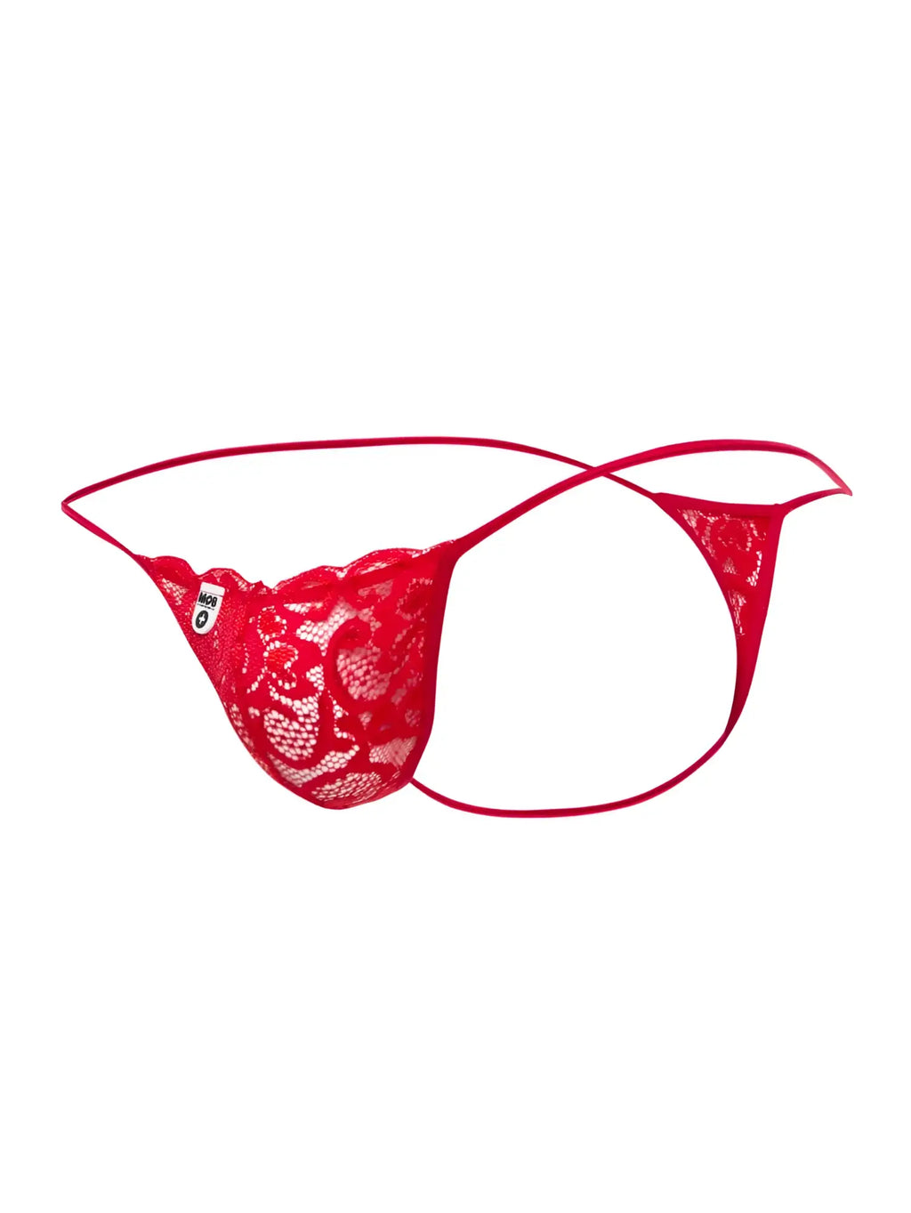 Malebasics mbl27 lace thong in red featuring intricate floral patterns and thin matching elastic straps