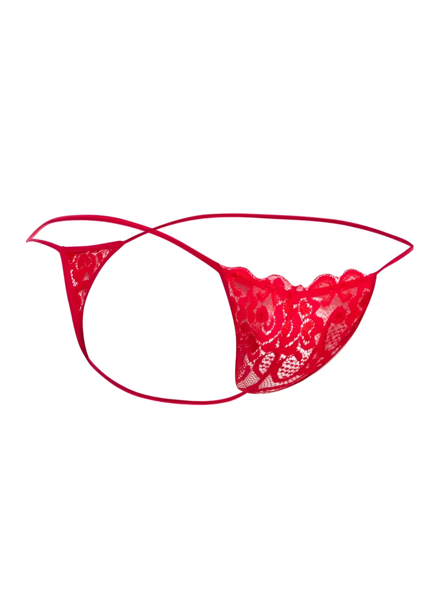 Malebasics mbl27 red lace thong with intricate floral patterns and thin matching elastic straps front view