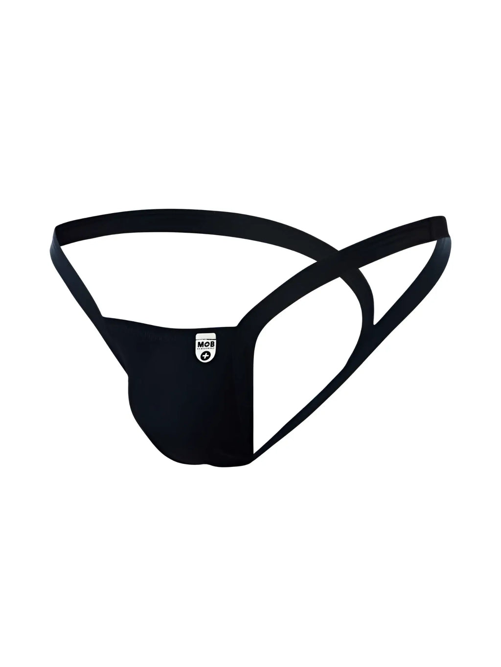 Black malebasics mbl52 y buns thong with sleek minimalist design and smooth elastic material shown from the back
