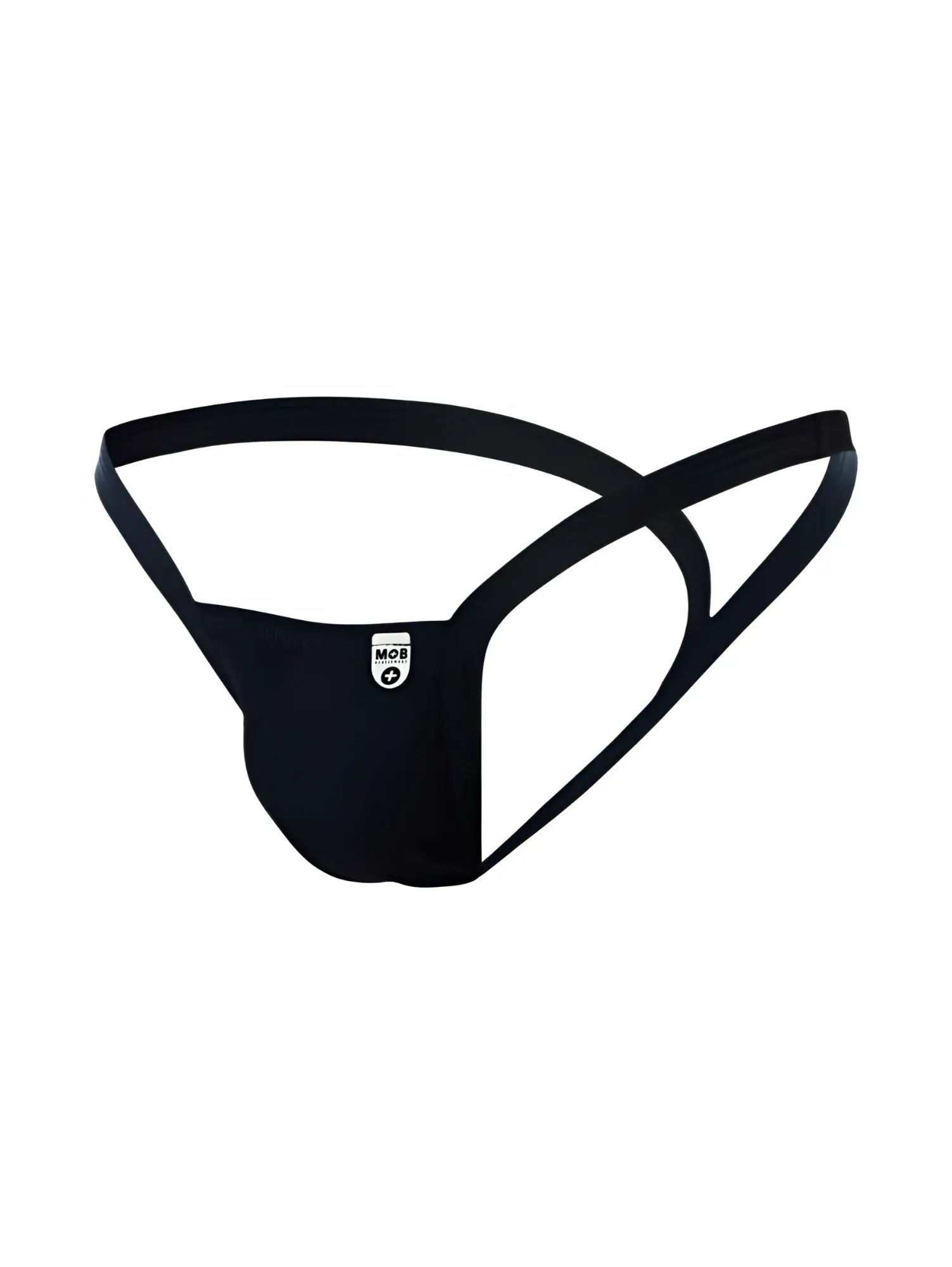 Black malebasics mbl52 y buns thong with sleek minimalist design and smooth elastic material shown from the back