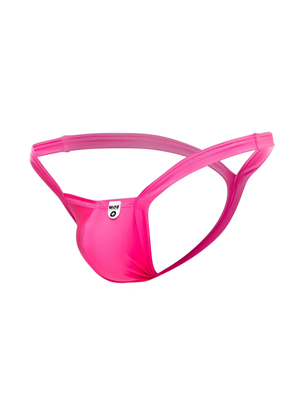 Bright pink malebasics mbl52 y buns thong with sleek form-fitting fabric and crisscross back design shown from back
