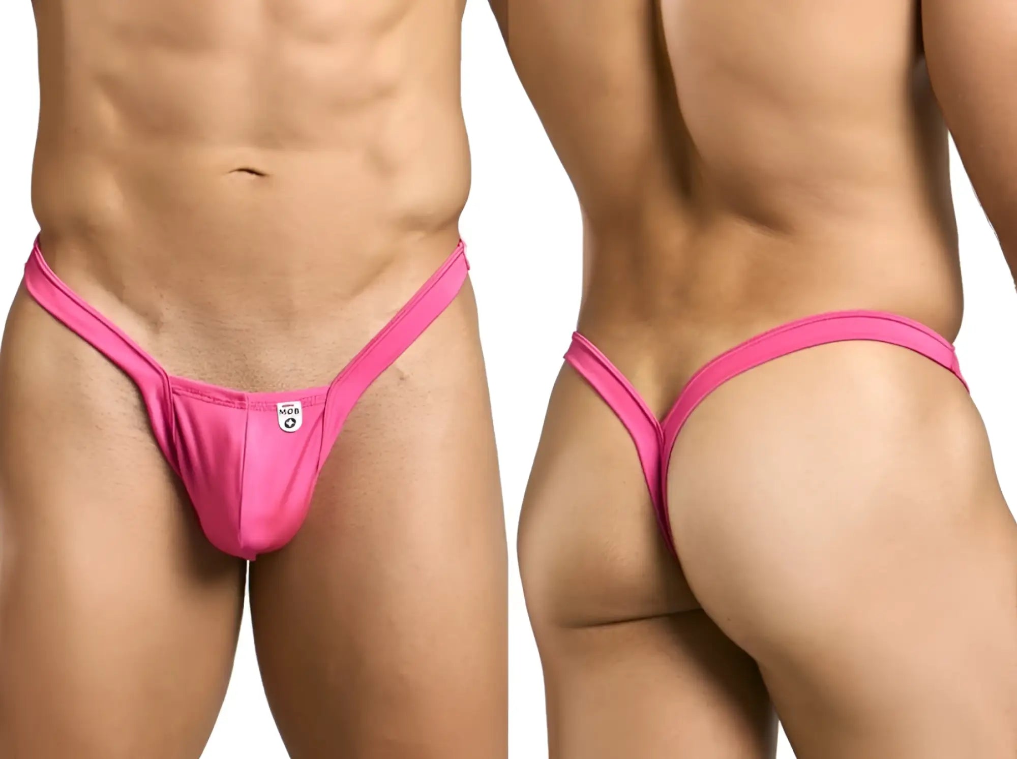 Bright pink male basics mbl52 y buns thong with sleek form-fitting design and small white logo on front