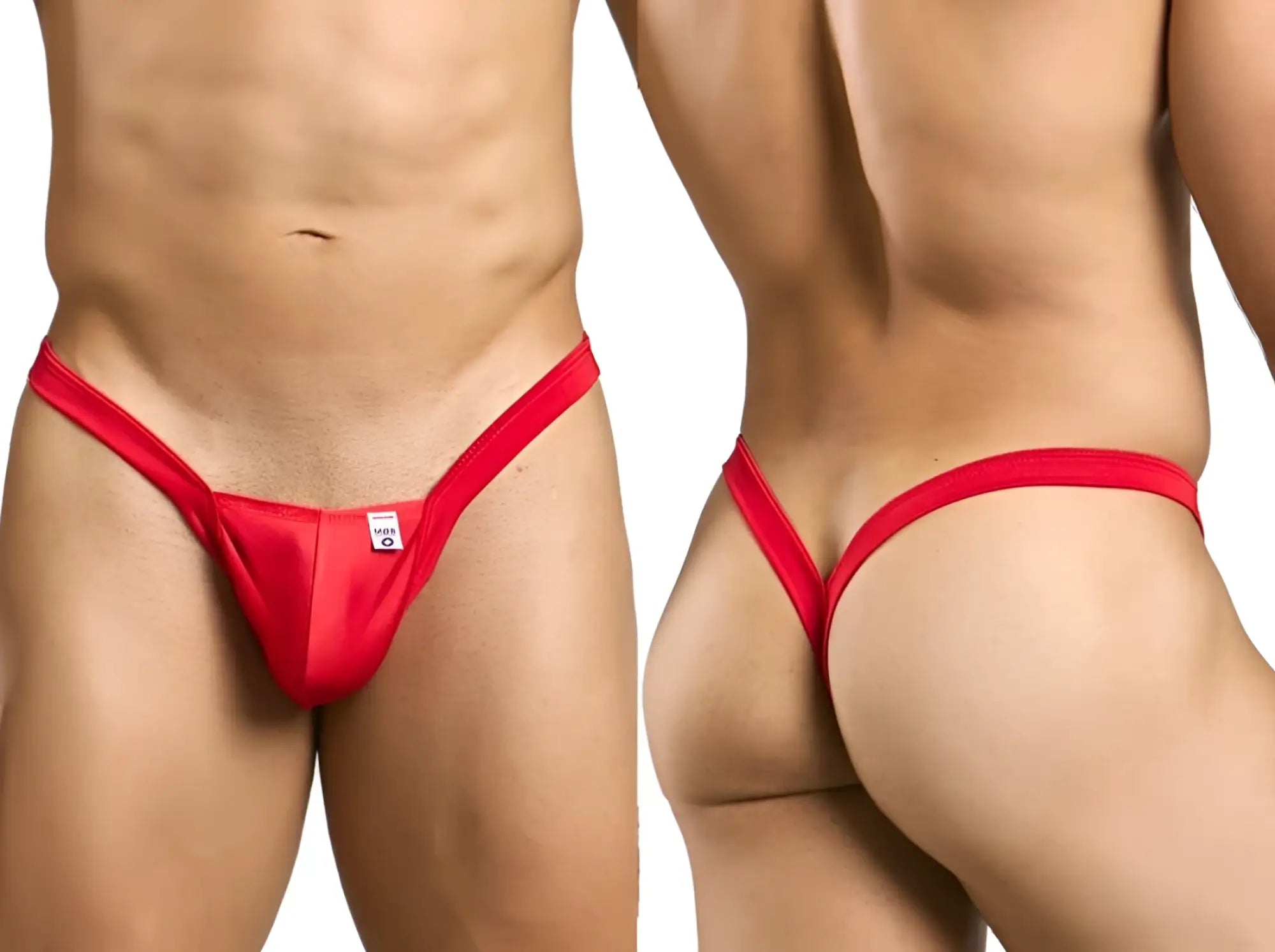 Malebasics mbl52 y buns thong in red satin fabric with a smooth finish and a small white tag at the front