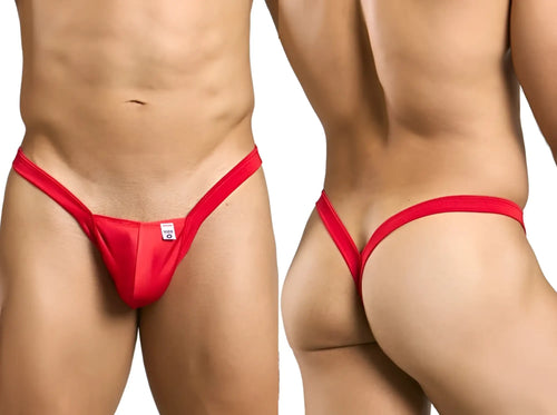 Malebasics mbl52 y buns thong in red satin fabric with a smooth finish and a small white tag at the front
