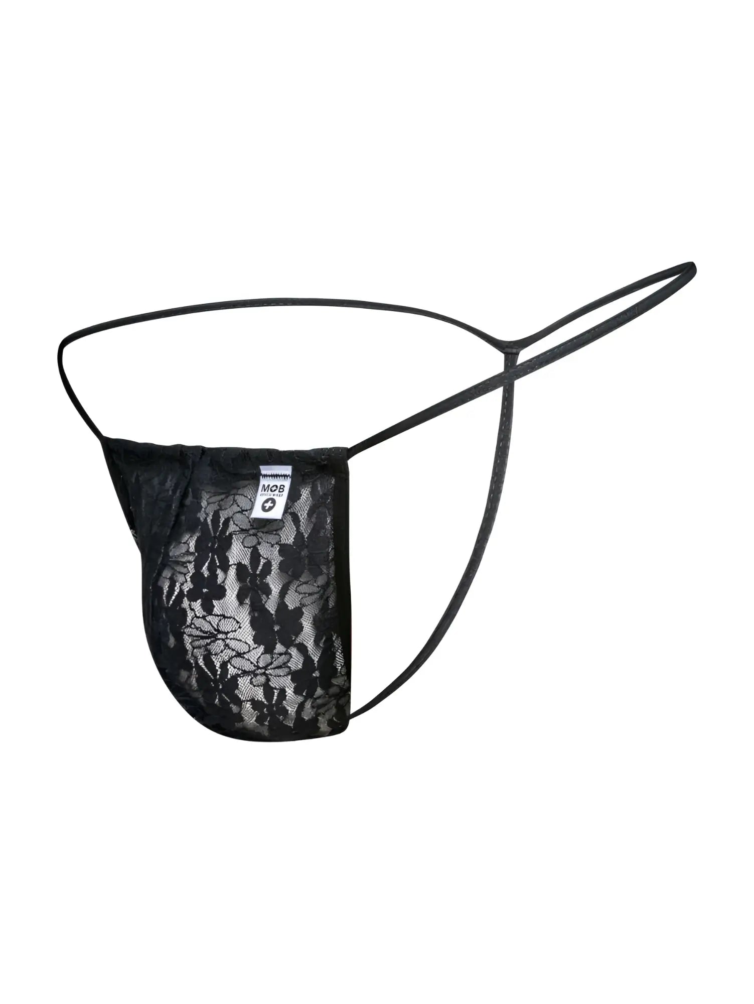 Malebasics mbl59 black lace g-string thong with delicate floral pattern and thin elastic straps front view