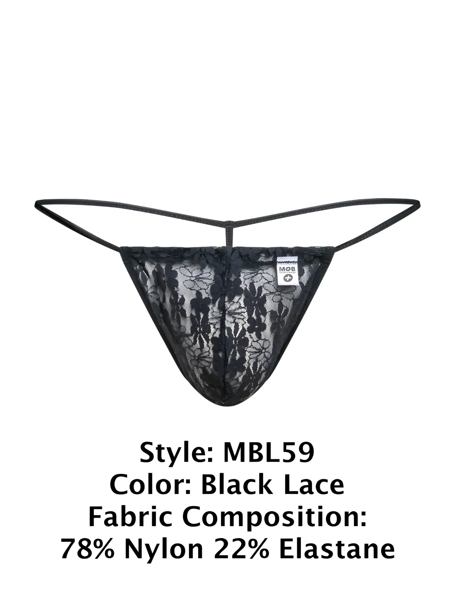 Malebasics mbl59 black lace g-string thong with delicate floral patterns and thin elastic straps