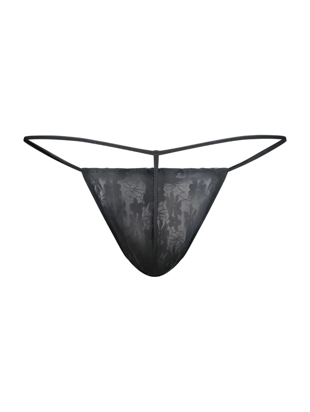 Black lace male lace g-string thong with delicate floral pattern and thin adjustable straps by malebasics mbl59