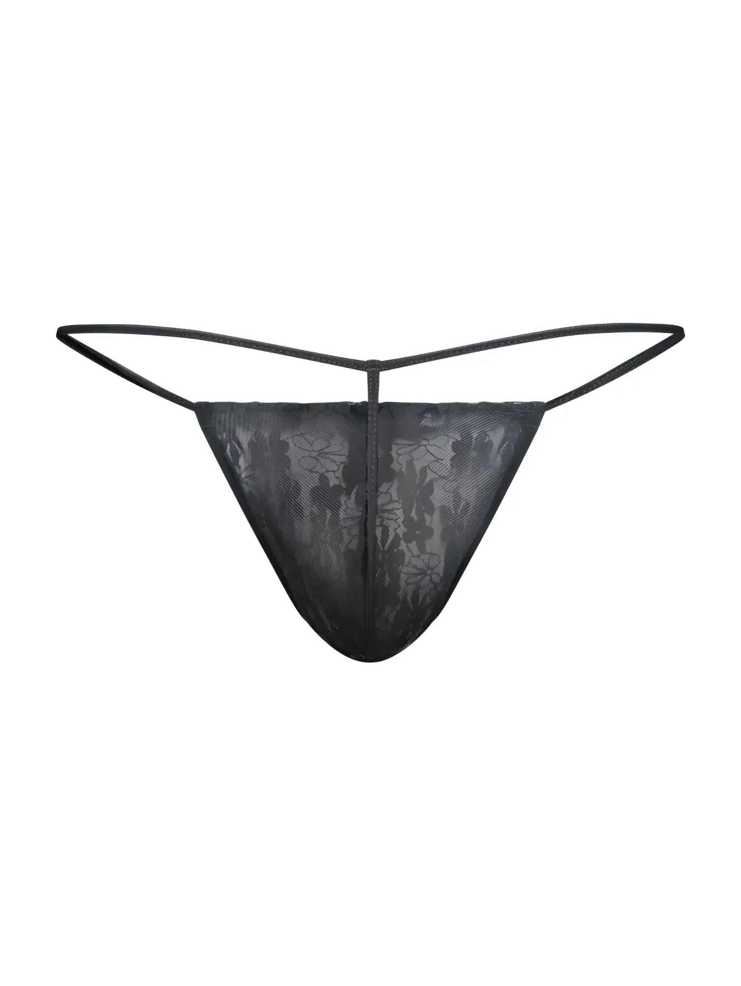 Black lace male lace g-string thong with delicate floral pattern and thin adjustable straps by malebasics mbl59