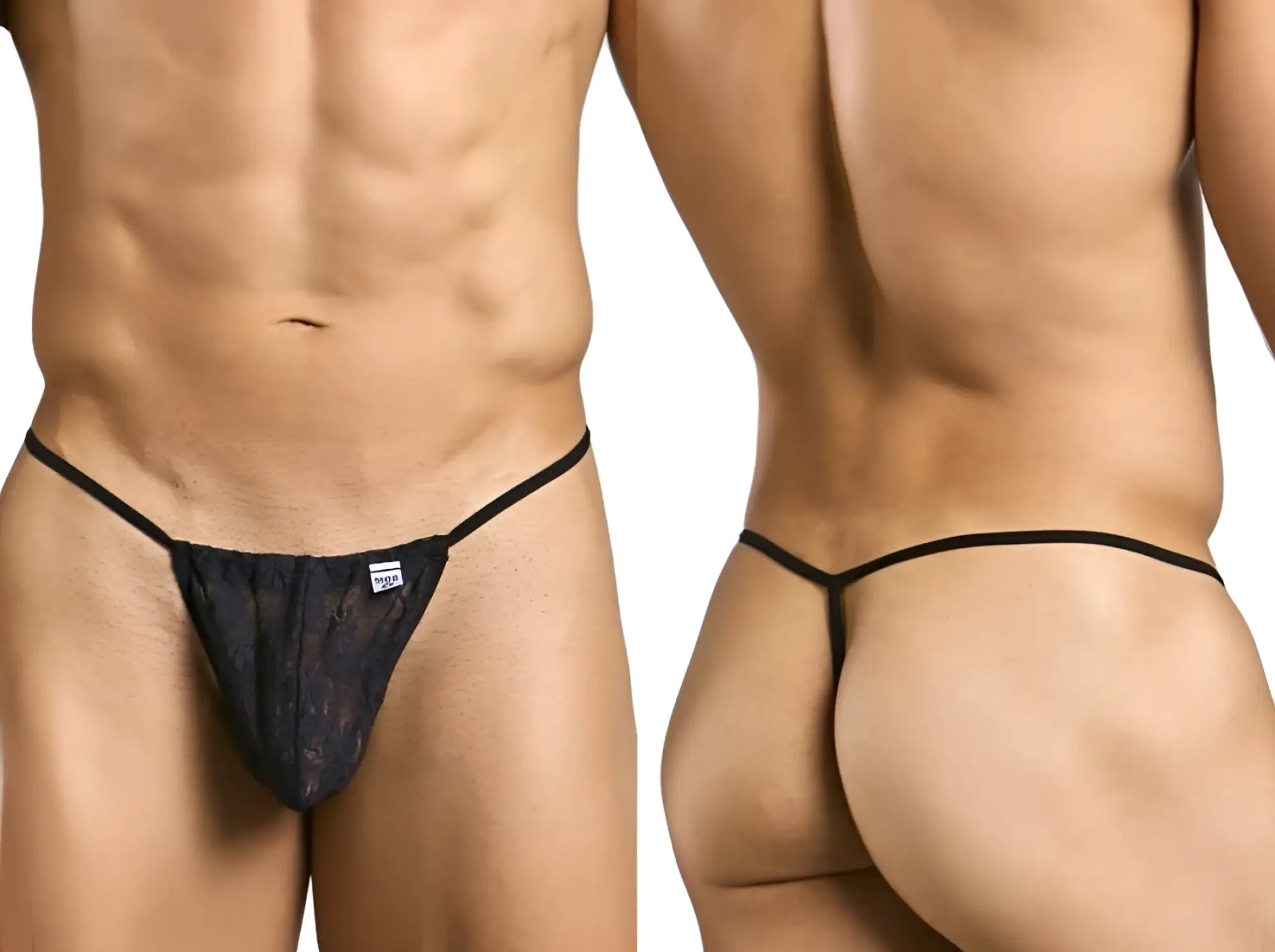 Malebasics mbl59 black lace g-string thong with thin waistband and small brand tag front view