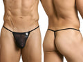 Malebasics mbl59 black mesh g-string thong with sheer fabric thin elastic waistband and small front logo patch
