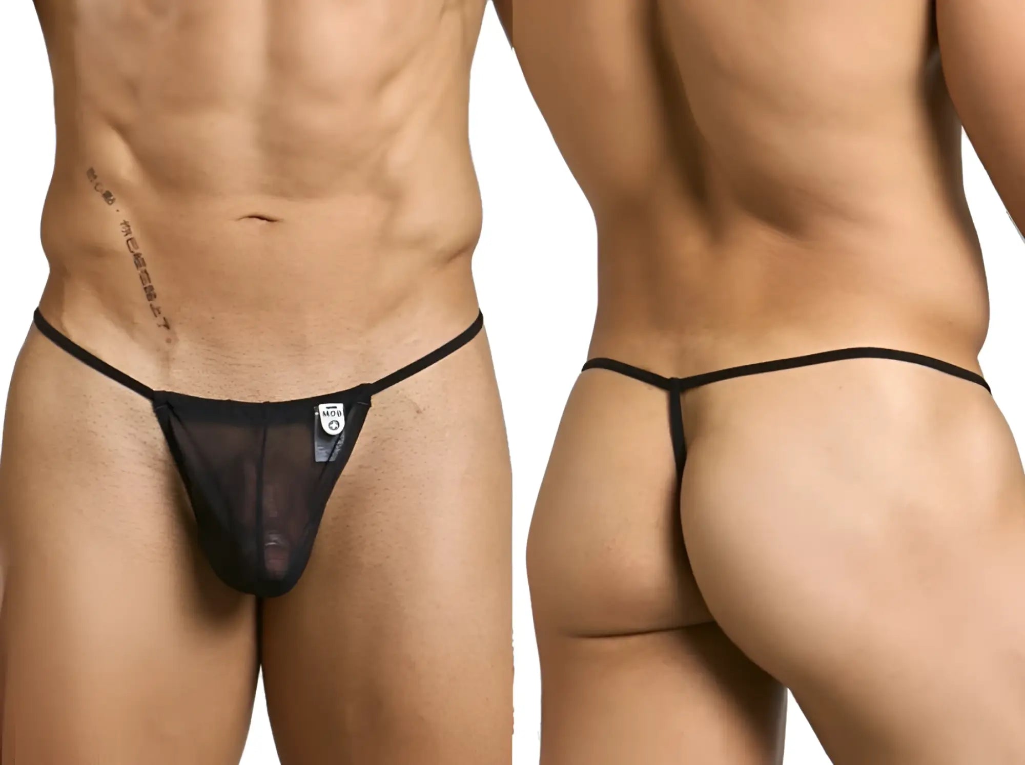 Malebasics mbl59 black mesh g-string thong with sheer fabric thin elastic waistband and small front logo patch