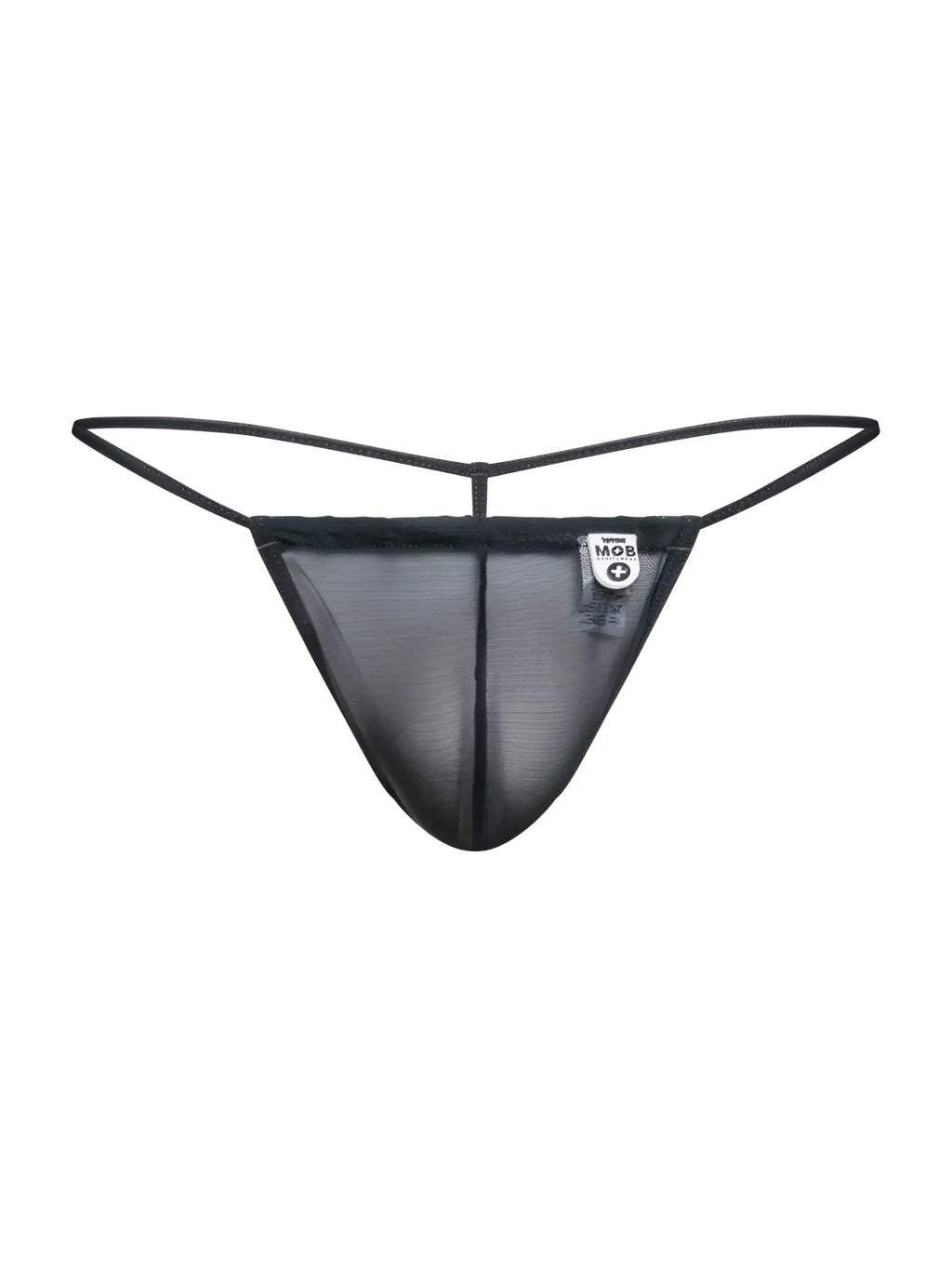 Malebasics mbl59 black mesh g-string with thin elastic straps and small white brand tag shown from the back side