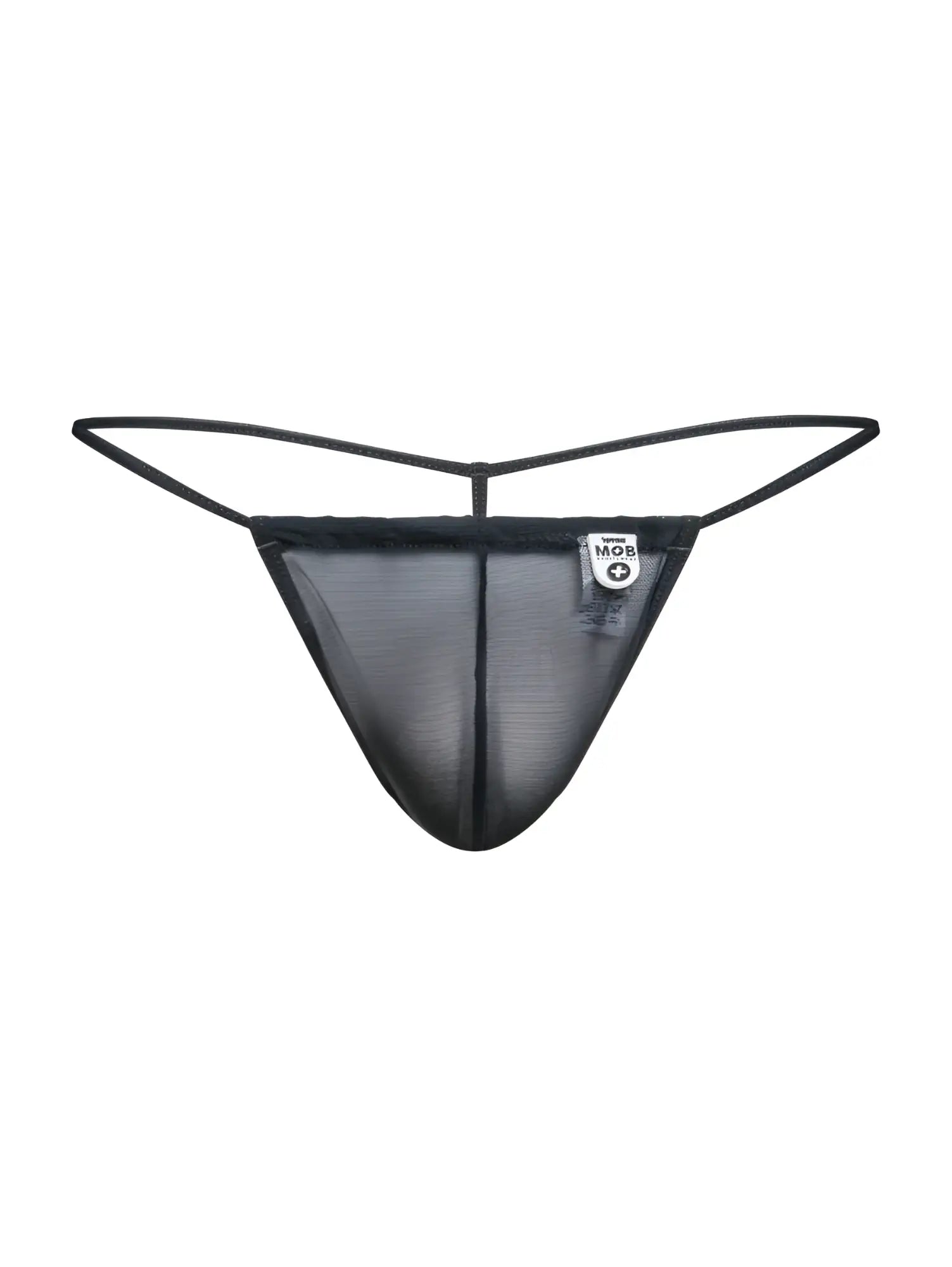 Malebasics mbl59 black mesh g-string with thin elastic straps and small white brand tag shown from the back side