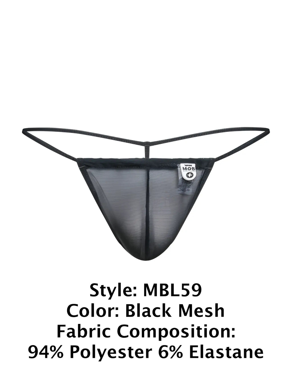 Black mesh thong g-string with thin elastic straps and a small white brand tag by malebasics mbl59
