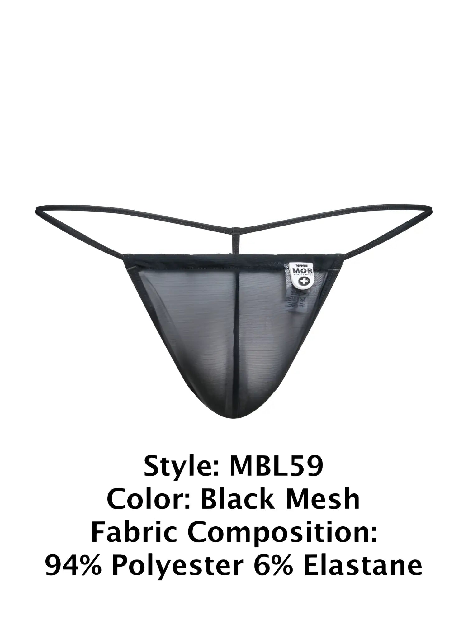 Black mesh thong g-string with thin elastic straps and a small white brand tag by malebasics mbl59
