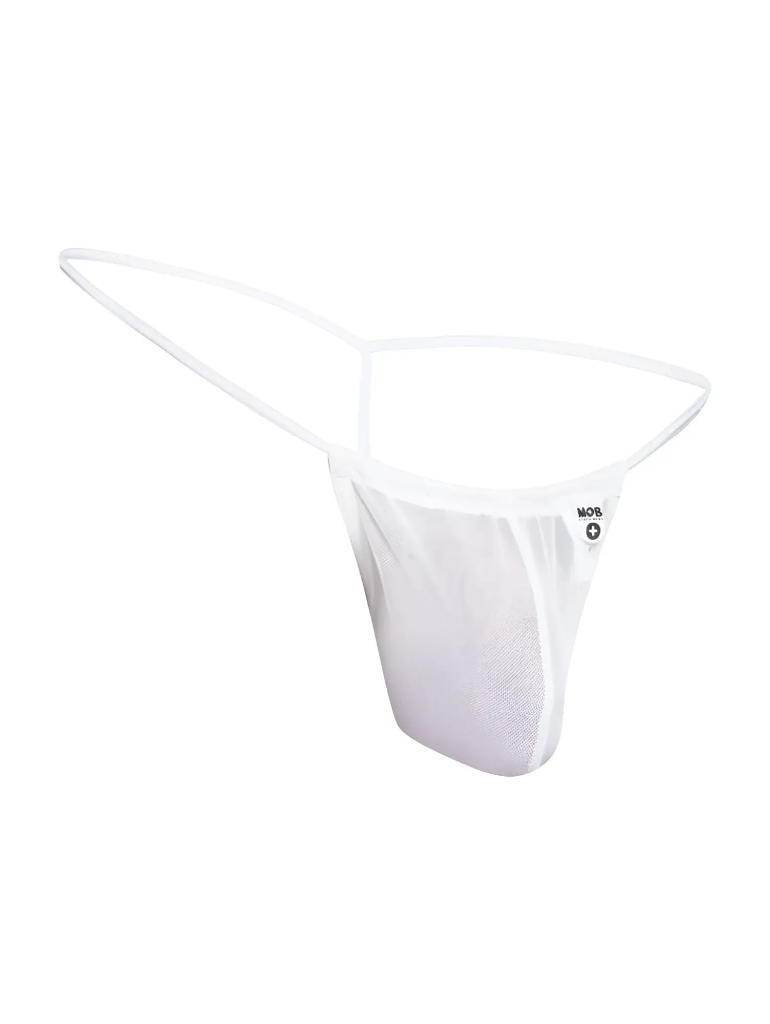 Malebasics mbl59 white mesh g-string thong with thin supportive waistband and small brand logo on the side