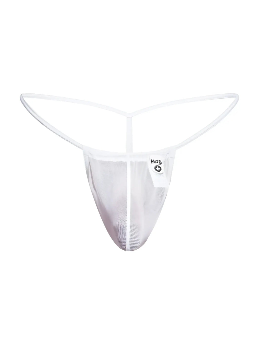 Malebasics mbl59 white mesh g-string thong with thin supportive waistband and mob brand label on the side